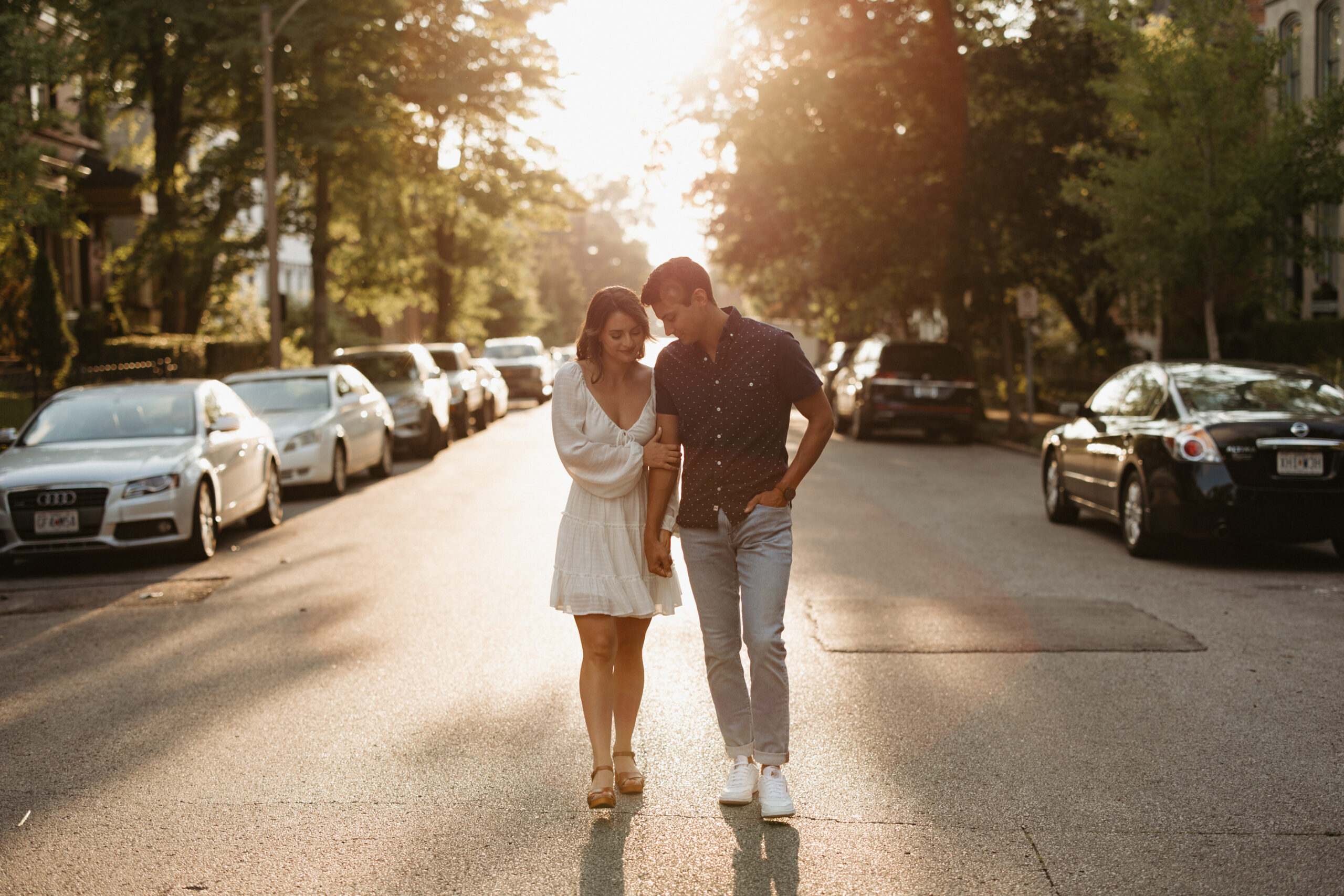 Couple walking during sunset in Lafayette Square neighborhood