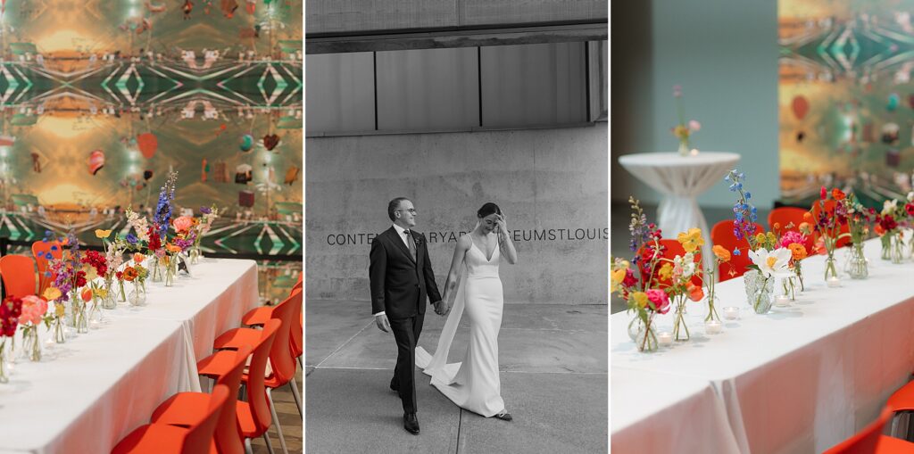 A bride and groom walking outside of the Saint Louis Contemporary Art Museum alongside flowers and details.