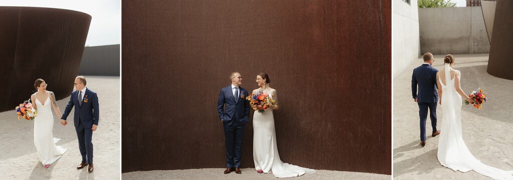 A bride and groom outside of their Saint Louis Contemporary Art Museum wedding for couple portraits.