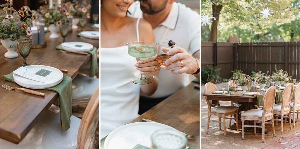 Three images of a tablescape set outdoors adorned with florals at the a.casa event venue in St. Louis, Missouri