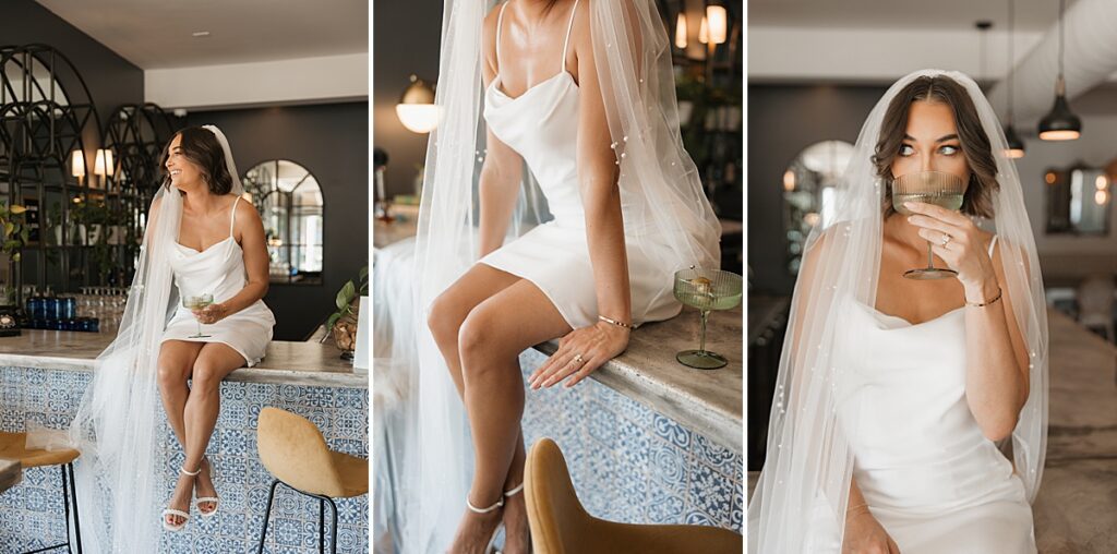 A collage of images of a bride wearing a short white dress and a veil, sitting on top of a bar drinking champagne, at a.casa wedding venue in St. Louis