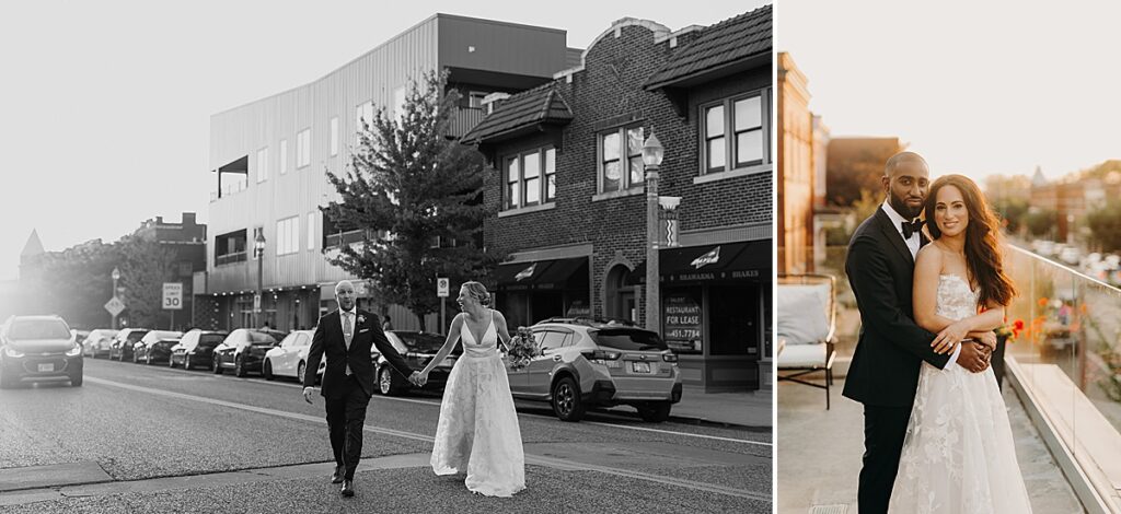 A side by side image of bride and grooms posing for couple portraits at The Dogwood in the Grove in St. Louis, Missouri.