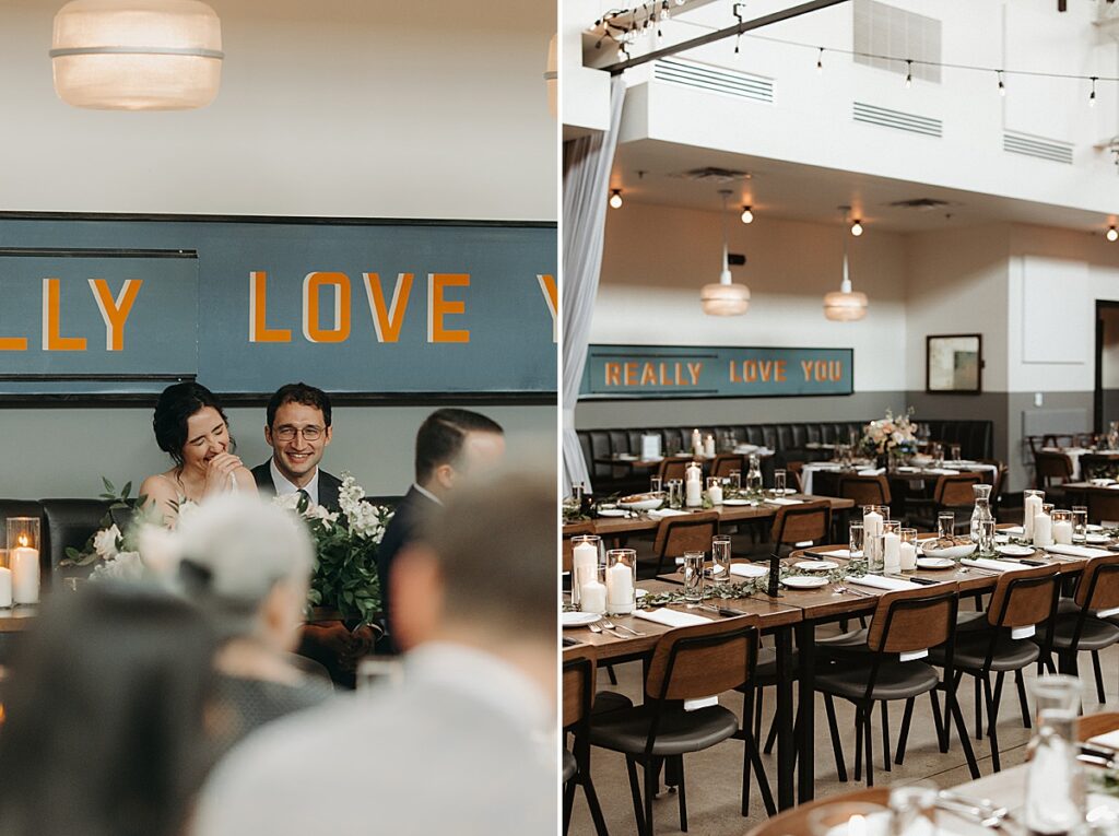 Bride and groom laugh together during wedding reception at The Hall at Olive and Oak in Webster Groves, Missouri.