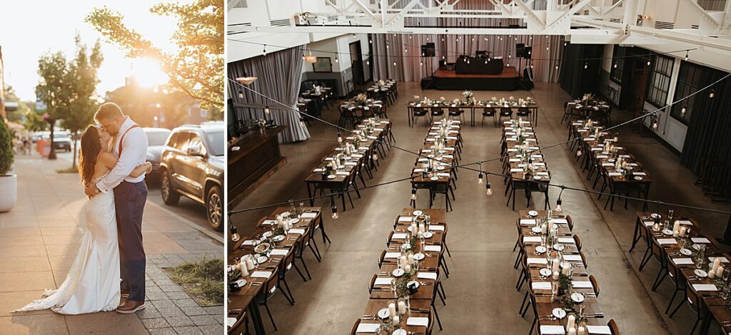 A collage of images of a couple kissing outside of their wedding reception at at The Hall at Olive and Oak in Webster Groves, Missouri. On the right is a detail photo of a wedding reception.