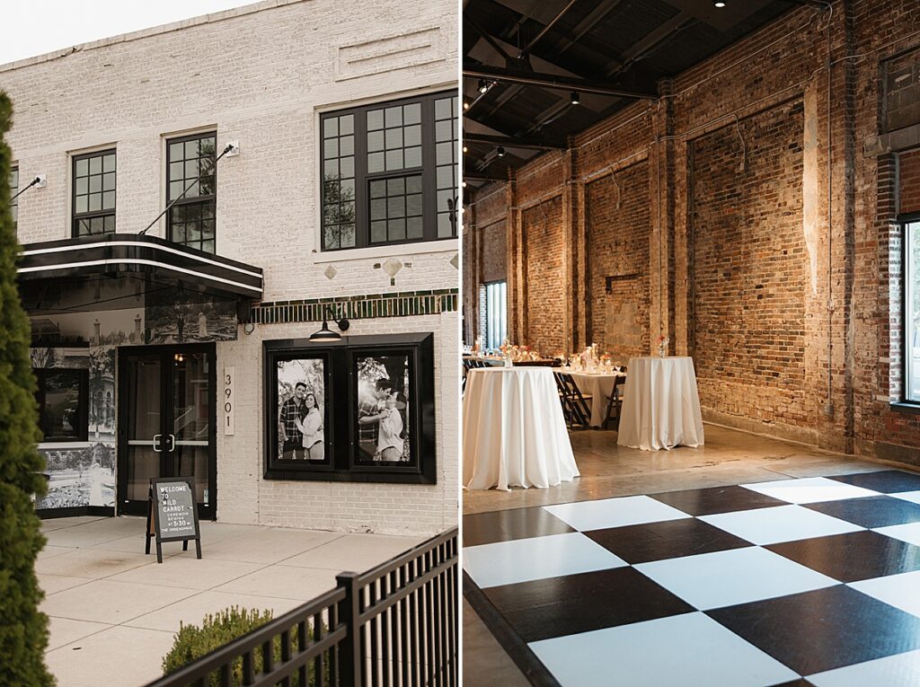 A collage of two images, one being the outdoor view of Wild Carrot wedding venue in St. Louis, Missouri. On the right is a checkered dance floor inside Wild Carrot.