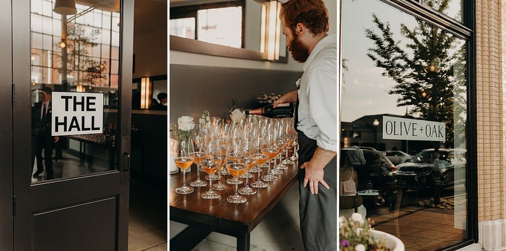 A collage of images of The Hall at Olive and Oak. A waiter pours wine in a group of wine glasses.