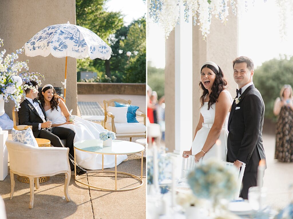 Two images side by side. On the left is a happy bride and groom sitting together outside on a couch next to an umbrella. On the right is a happy couple viewing their wedding reception at World's Fair Pavilion in Forest Park.