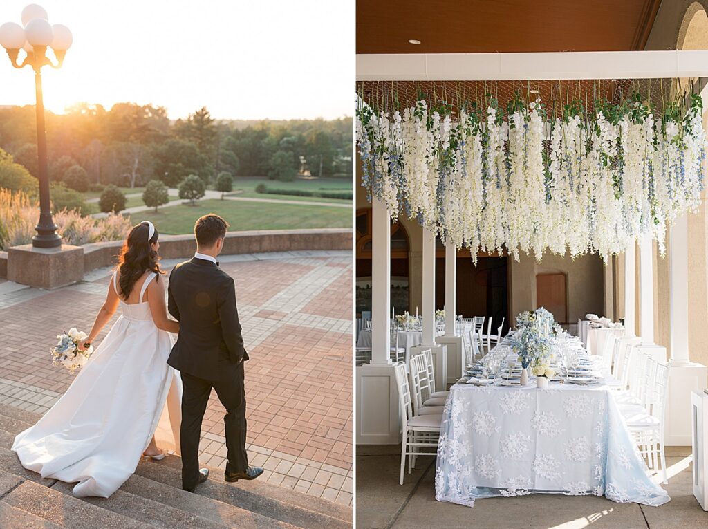 Two images side by side. On the left is a bride and groom holding hands walking toward the sunset, overlooking Forest Park. On the right is a table with a hanging floral installation above with a blue tablecloth at World's Fair Pavilion in Forest Park.