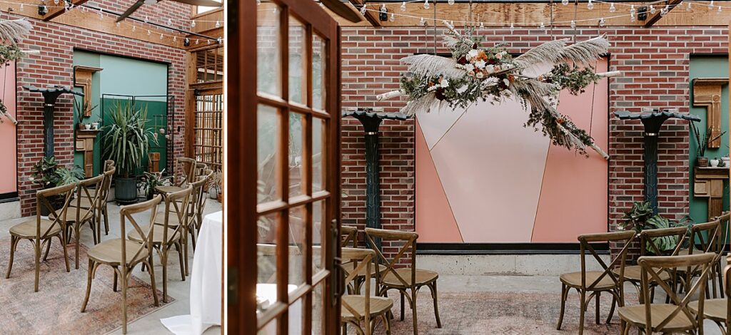 Two images side by side. On the left is a photo of wooden chairs for a wedding ceremony. On the right is a hanging floral installation in front of a pink mural at Verde on Cherokee in St. Louis, Missouri.