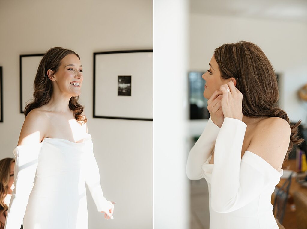 Two images side by side of a bride getting ready in her wedding dress.