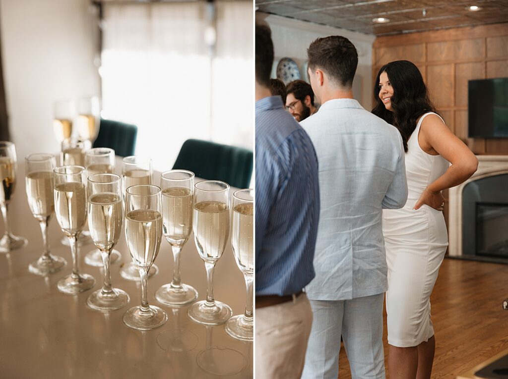 Champagne glasses on table with guests surrounded them at Seven Gables Inn in Clayton, Missouri.