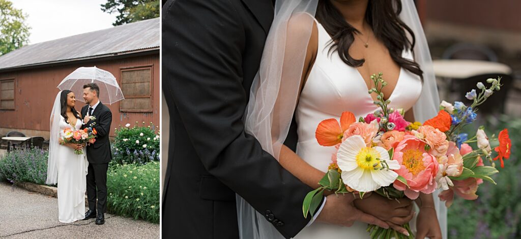 Bride and groom looking at each other behind the Piper Palm House after their Tower Grove Park wedding in St. Louis, Missouri. The other photo of a bright colored bouquet.