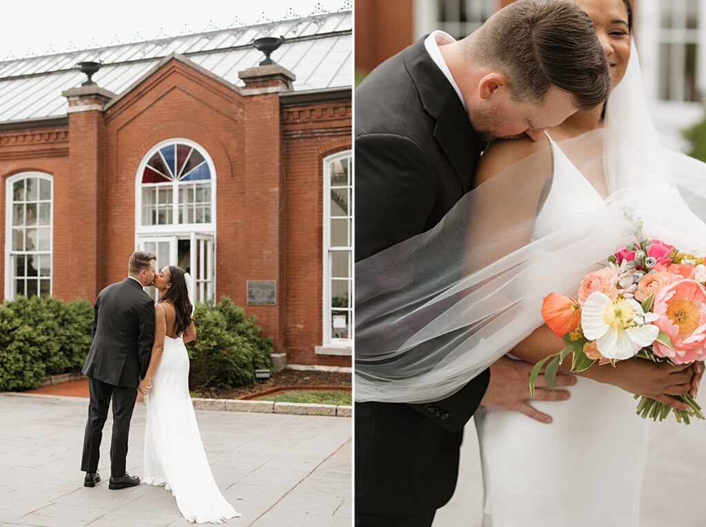 Collage of bride and groom kissing in front of the Piper Palm House after their Tower Grove Park wedding in St. Louis, Missouri.