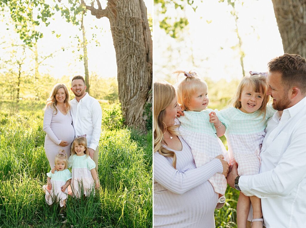 Mom wearing a light purple midi dress and little girls wearing matching dresses for spring family photos with coordinating outfits