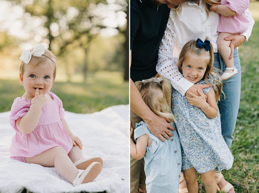 Children wearing blue floral dress and pink romper with coordinated outfits.