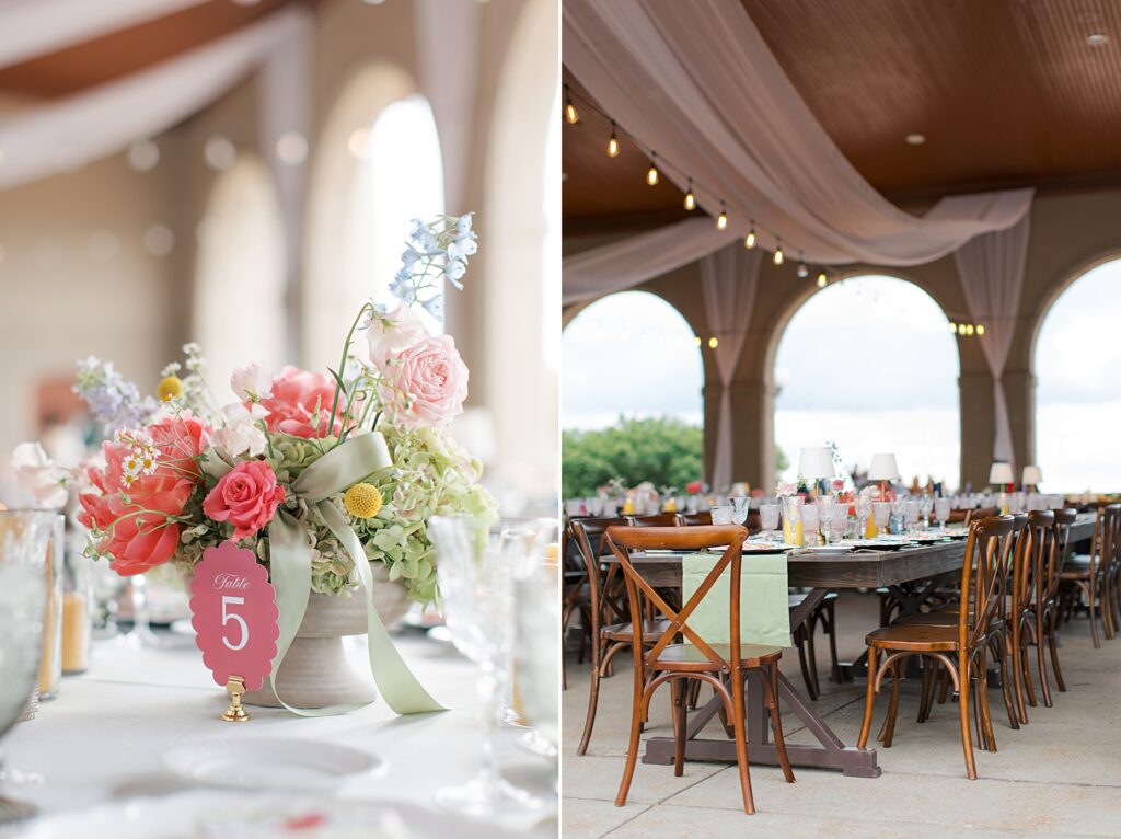 Colorful reception at World’s Fair Pavilion with eclectic tablescapes inspired by Meet Me in St. Louis wedding

