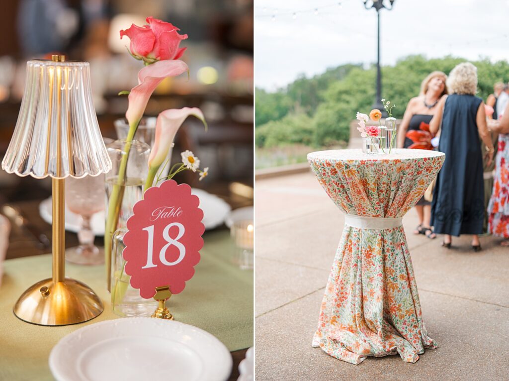 Whimsical table decor featuring a vintage lamp and bright floral arrangement for a themed Meet Me in St. Louis wedding