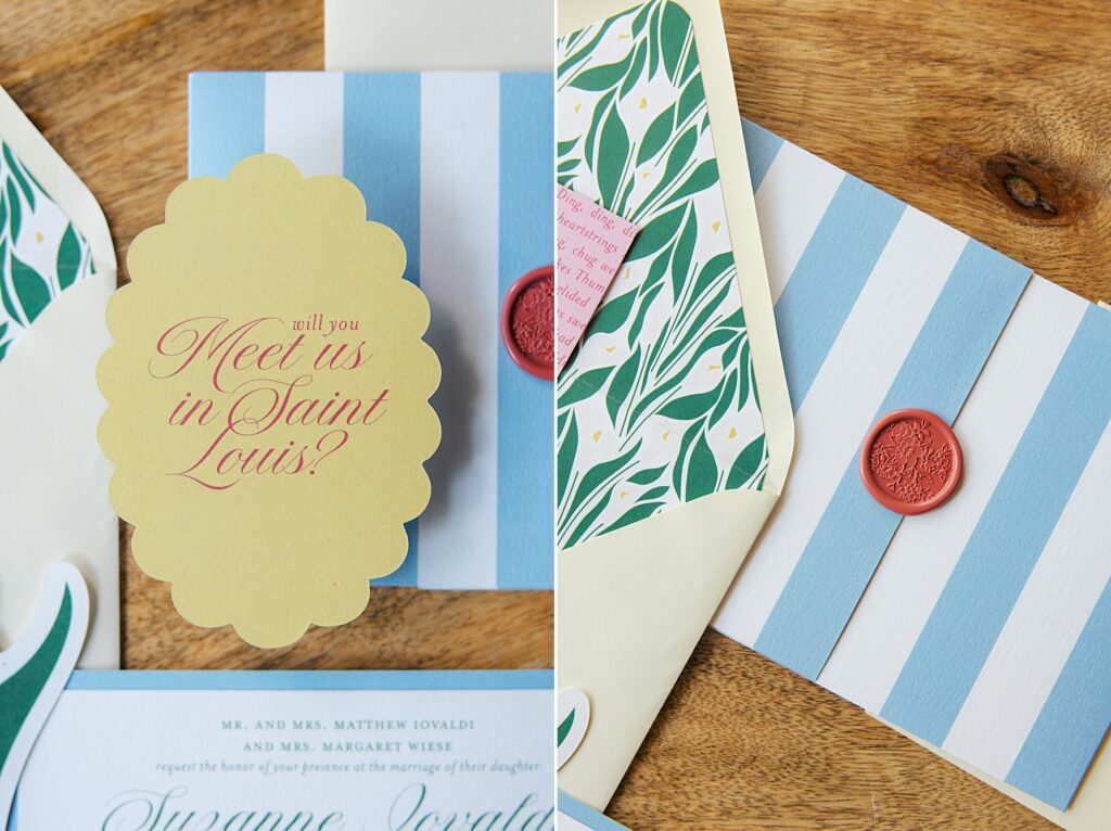 Whimsical wedding invitation suite styled with St. Louis-inspired vintage elements and colorful florals
