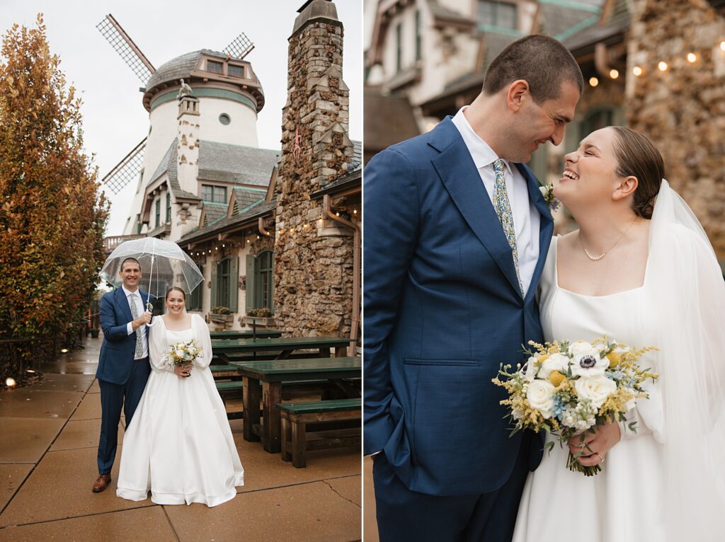 Bride and groom smile at camera and at each other in front of the windmill at the Das Bevo wedding in St. Louis, Missouri