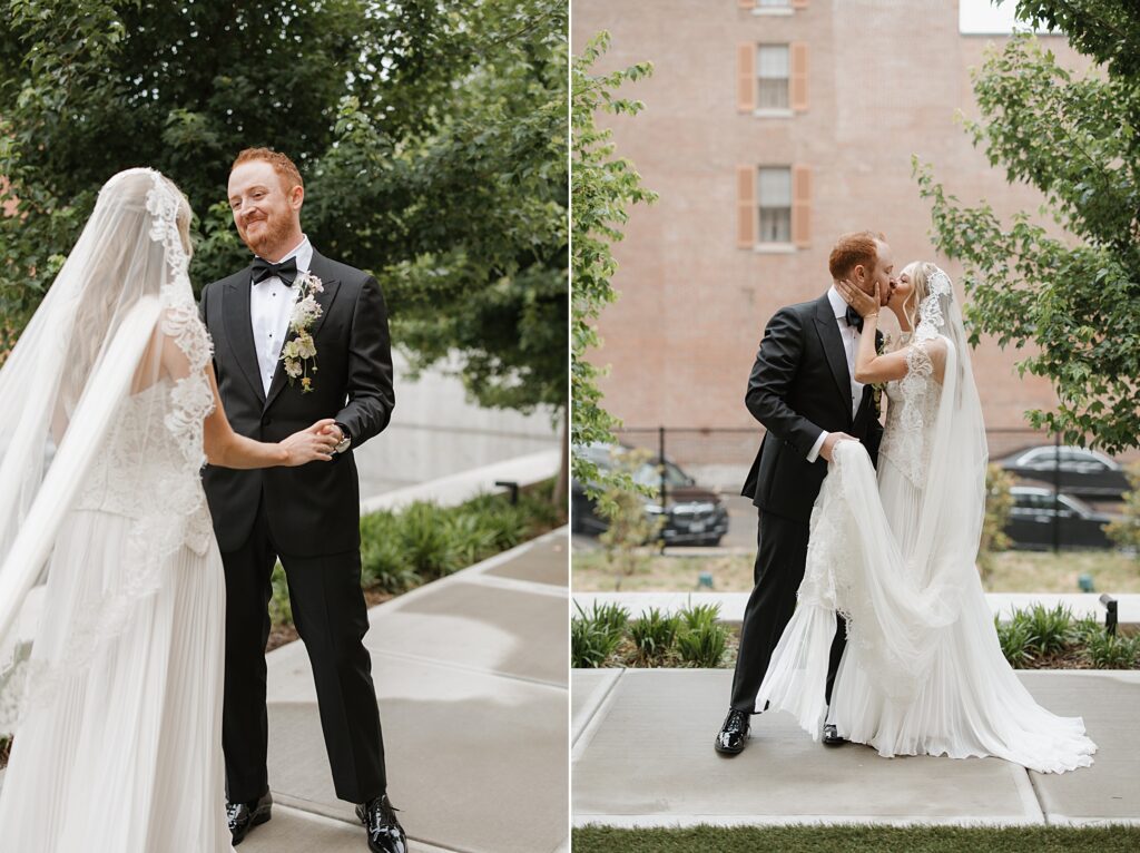 Bride and groom sharing first look with emotional exchange outside  and kissing of the 21C Hotel in St. Louis, Missouri